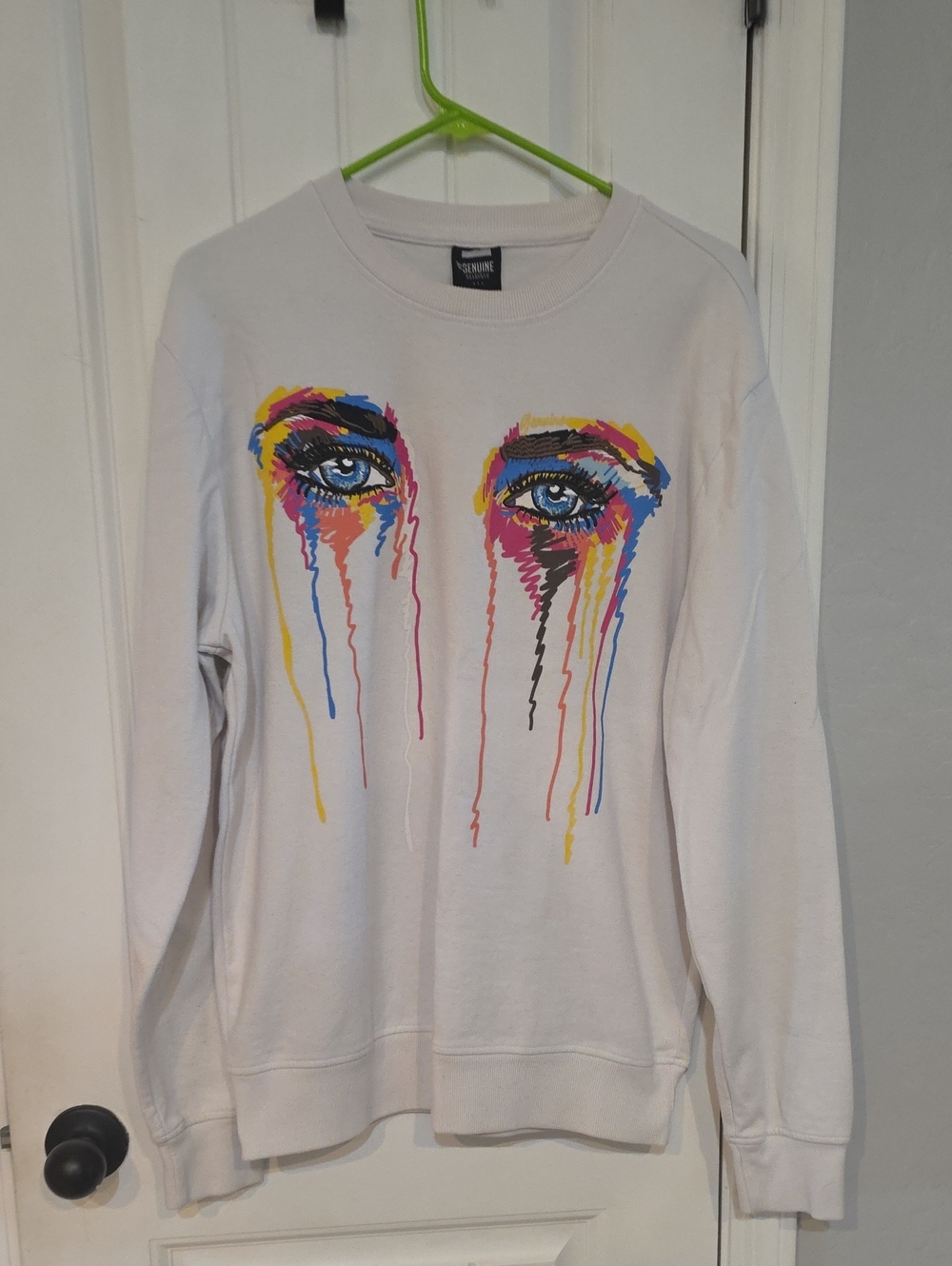 White Crewneck Sweater with Colorful Drip Eye Graphic